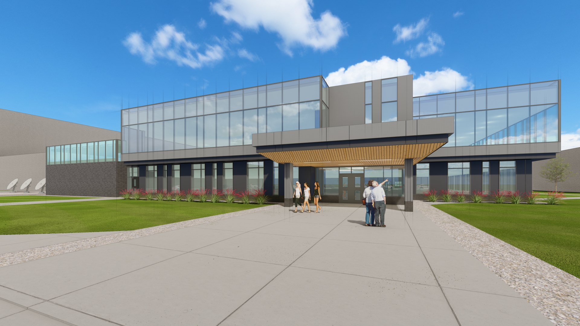Image of an exterior rendering of the expanded MSU School of Packaging.